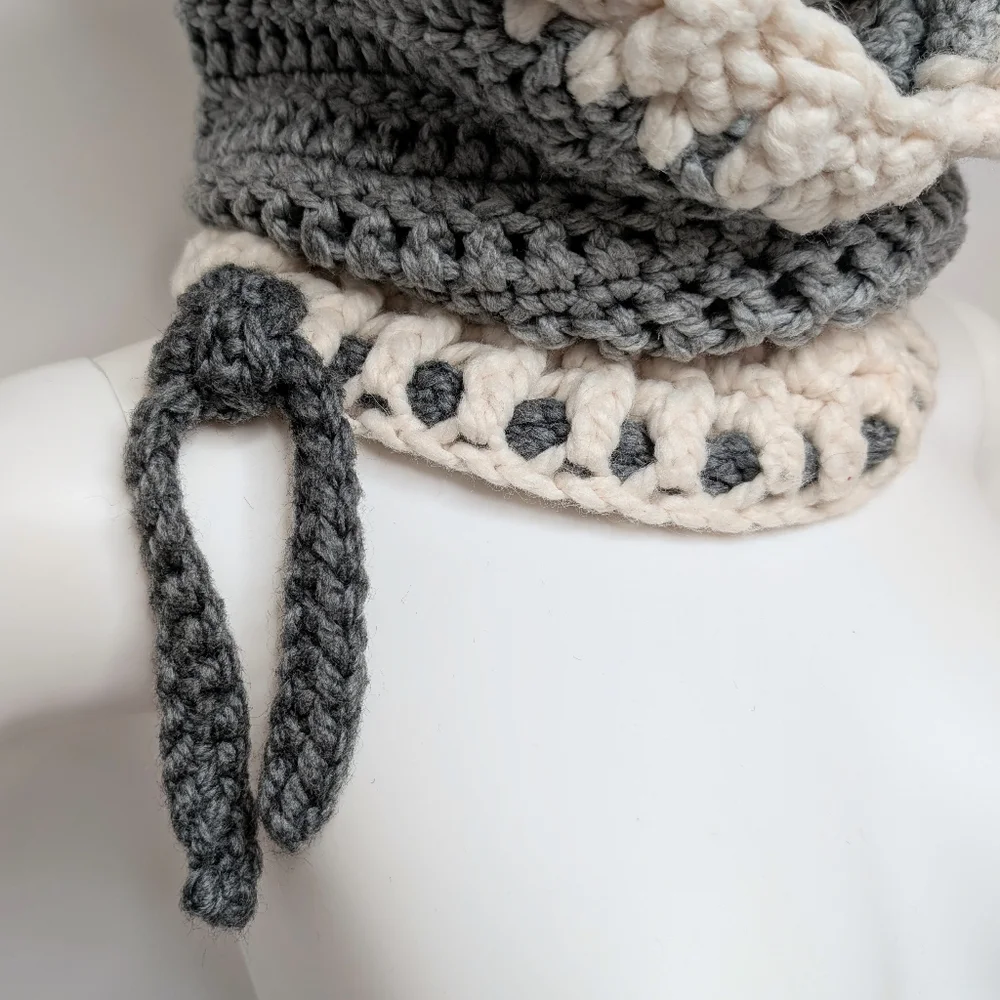Handmade Crochet Gray & Cream Wolf Head Cowl Hood Scarf With Ears Beenie Hat